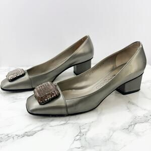 Salvatore Ferragamo Megan Metallic Grey Leather Pumps Size‎ 8